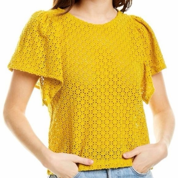 Madewell Tops - Madewell | Flutter Sleeve Eyelet Short Sleeve Top Yellow Women's Size XXS